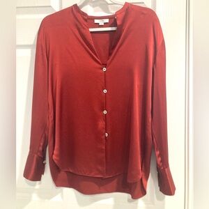 NWOT Vince Silk Blouse Long Sleeve Band Collar V-Neck Red Dark Scarlet XS